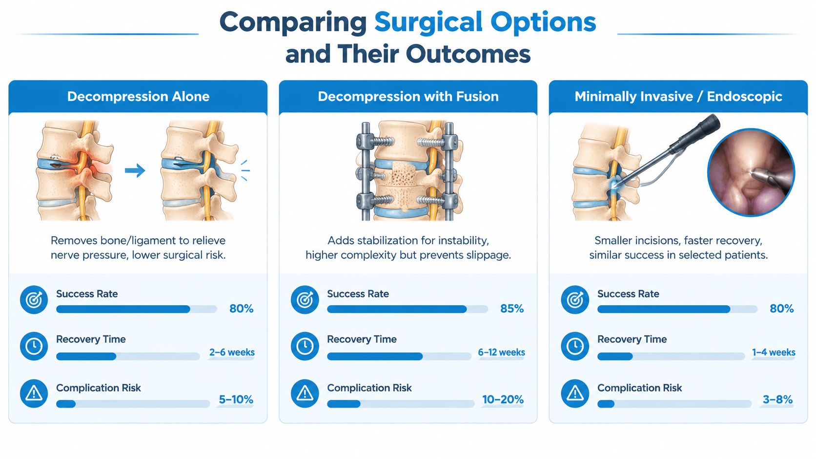 A comparison chart showing success rates, recovery times, and complication risks for three spinal surgery options.