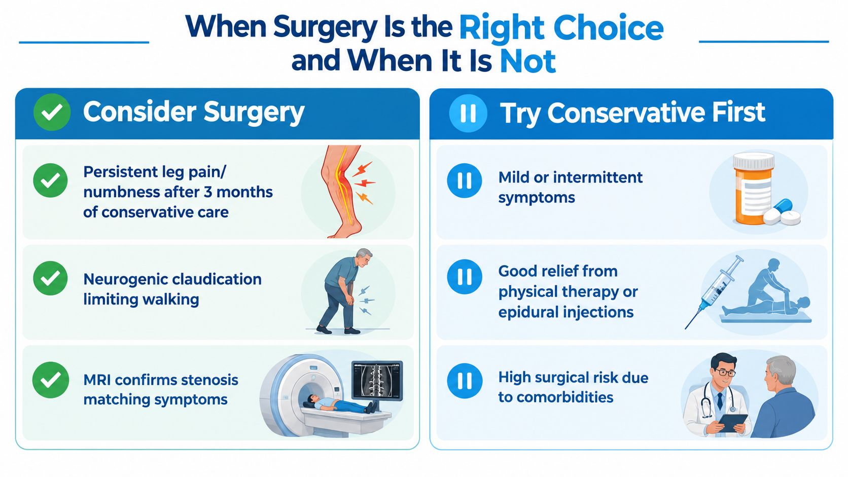 An infographic comparing when to consider spinal stenosis surgery versus trying conservative treatment options first.