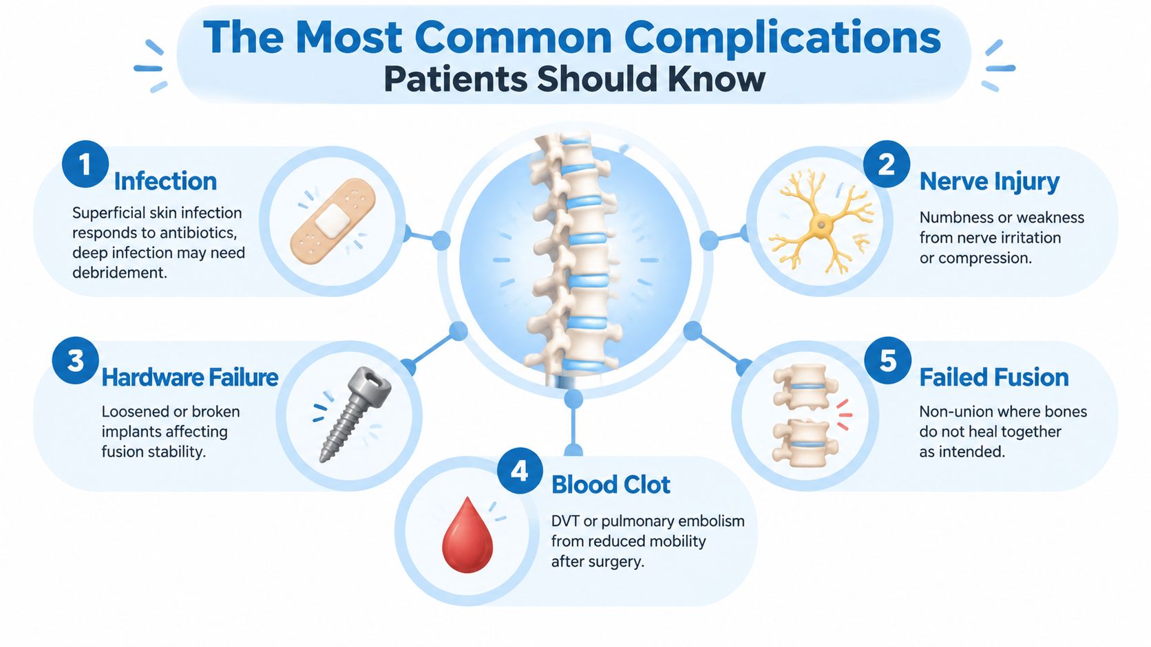 An infographic titled The Most Common Complications Patients Should Know featuring five spine surgery risks.