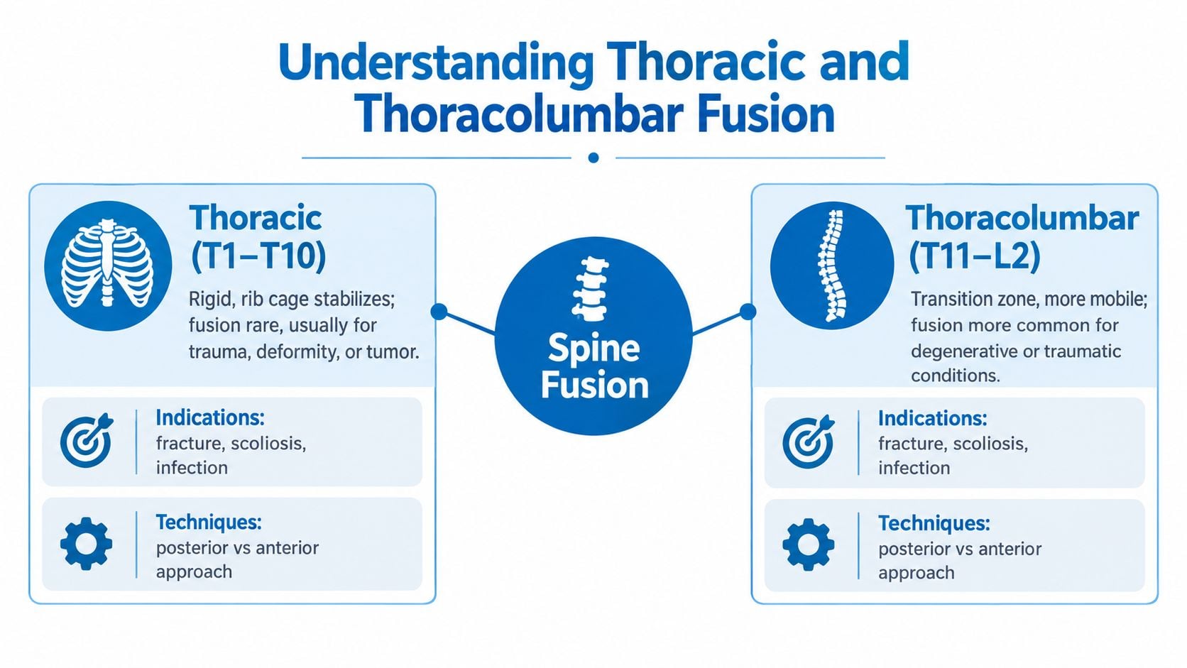 An infographic comparing thoracic and thoracolumbar spine fusion, detailing characteristics, indications, and surgical approaches for each region.