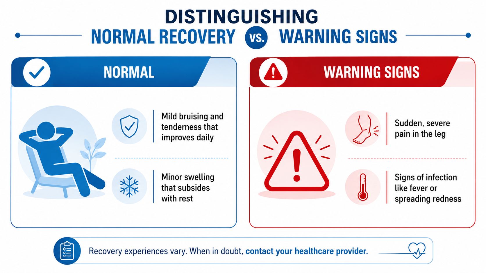 An infographic distinguishing between normal recovery symptoms and warning signs after medical procedures or vein surgery.