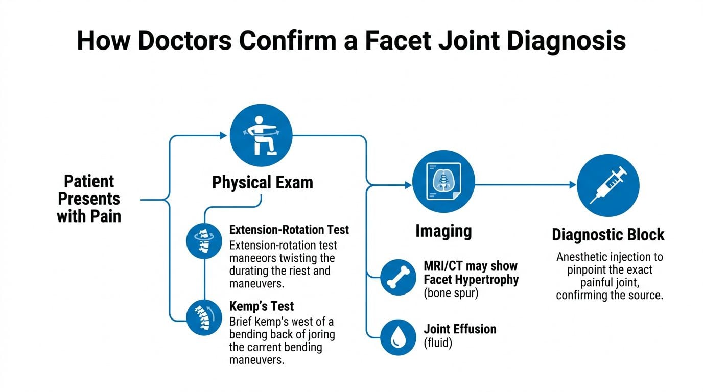 A flow chart illustrating the medical diagnostic process for facet joint syndrome using physical exams and imaging.
