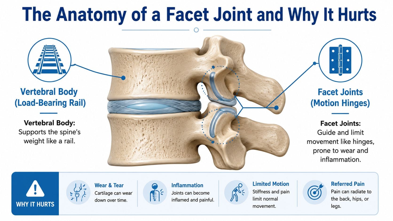 A diagram illustrating the anatomy of human vertebral facet joints and the common causes of joint pain.