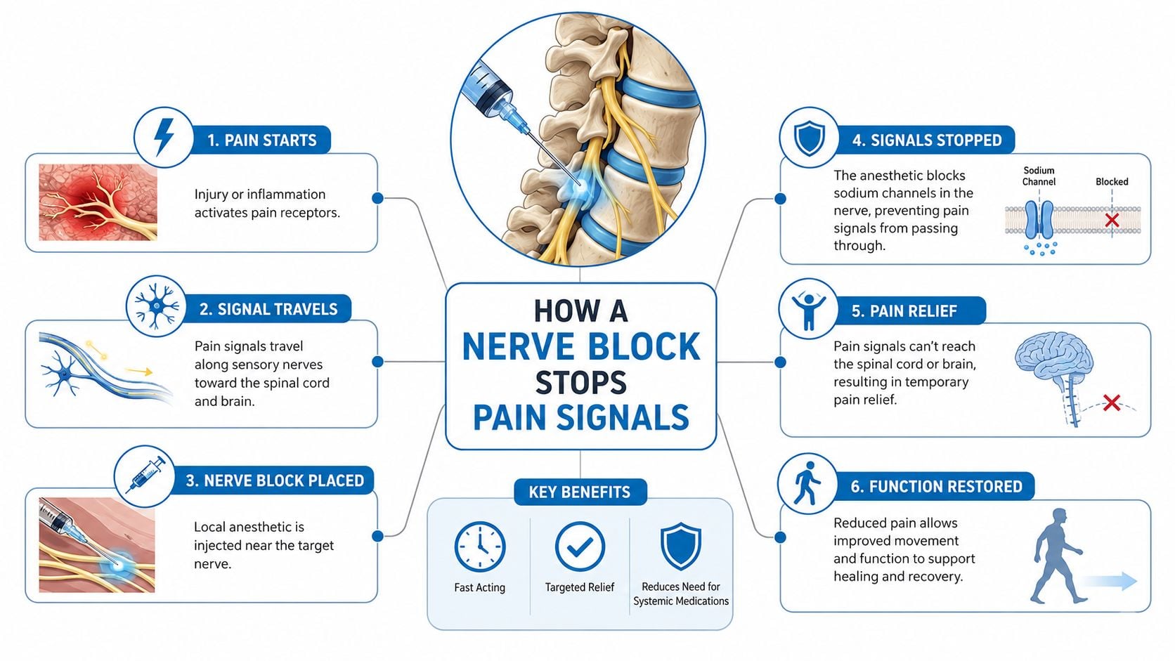 An infographic showing how a nerve block injection works to interrupt pain signals in the human nervous system.